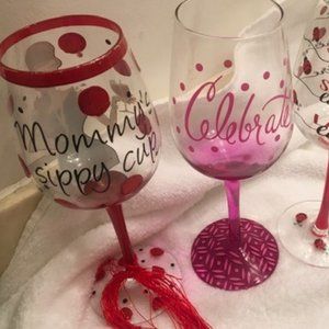 GLASSES  WINE  GOBLETS -  PAINTED  - PERFECT CONDITON-